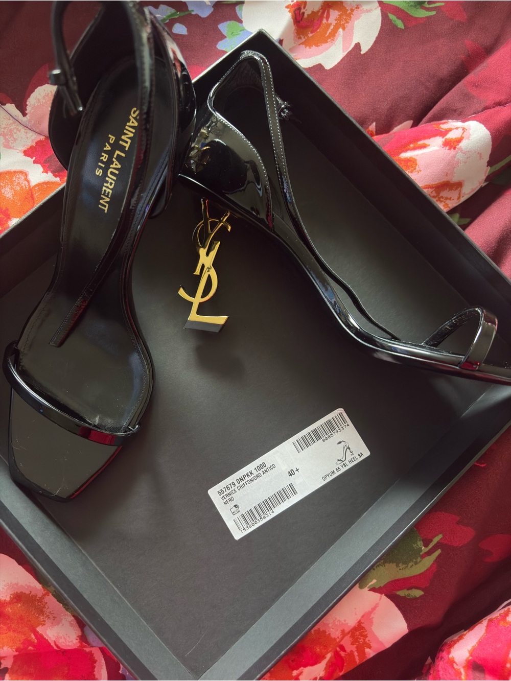 Saint Laurent Black Patent Leather YSL Logo Strap Heels